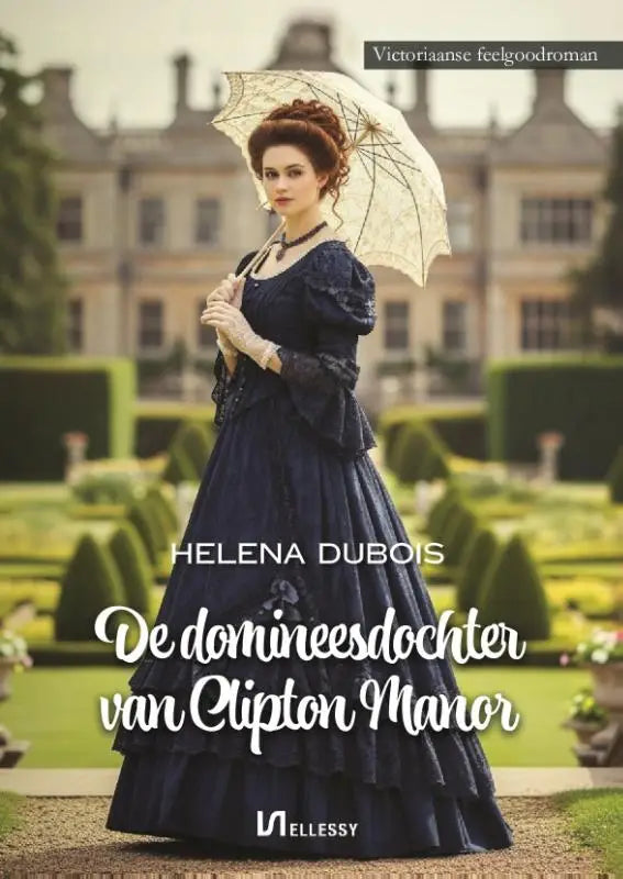 Een vrouw in een donkerblauwe victoriaanse jurk met kant en een crèmekleurige parasol bij clipton manor