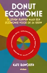 De boekcover van donuteconomie van kate raworth toont zwarte tekst op een kleurrijke achtergrond met rode en gele cirkels