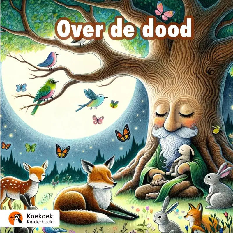 Een kinderboekcover met een boomfiguur in een groene mantel omringd door slapende dieren voor korte verhaaltjes voor jonge lezers over de dood