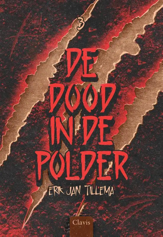 De boekcover van de dood in de polder toont gedurfde rode letters op een donker, getextureerde achtergrond voor jonge lezers