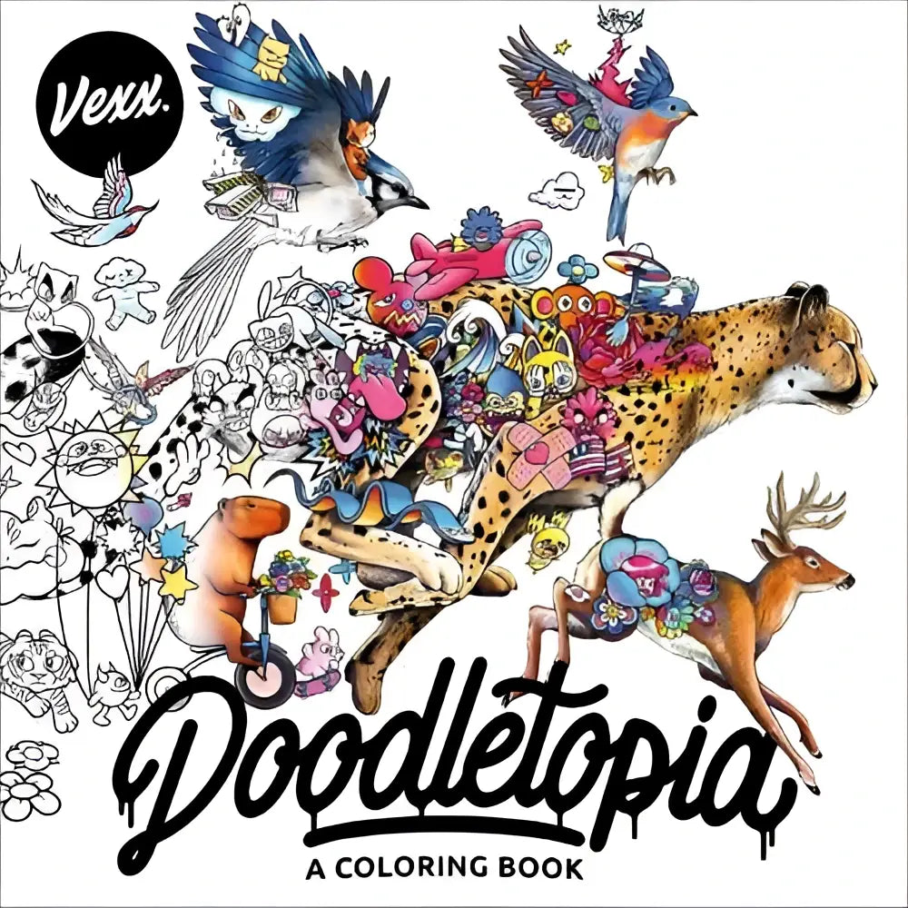 Vexx doodletopia coloring book met levendige, gedetailleerde illustratie van een cheeta en kleurrijke dieren