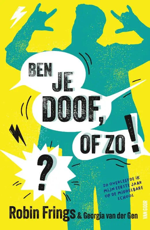 Vibrant gele boekomslag ben je doof of zo met een blauwe silhouet en comic stijl tekstballonnen