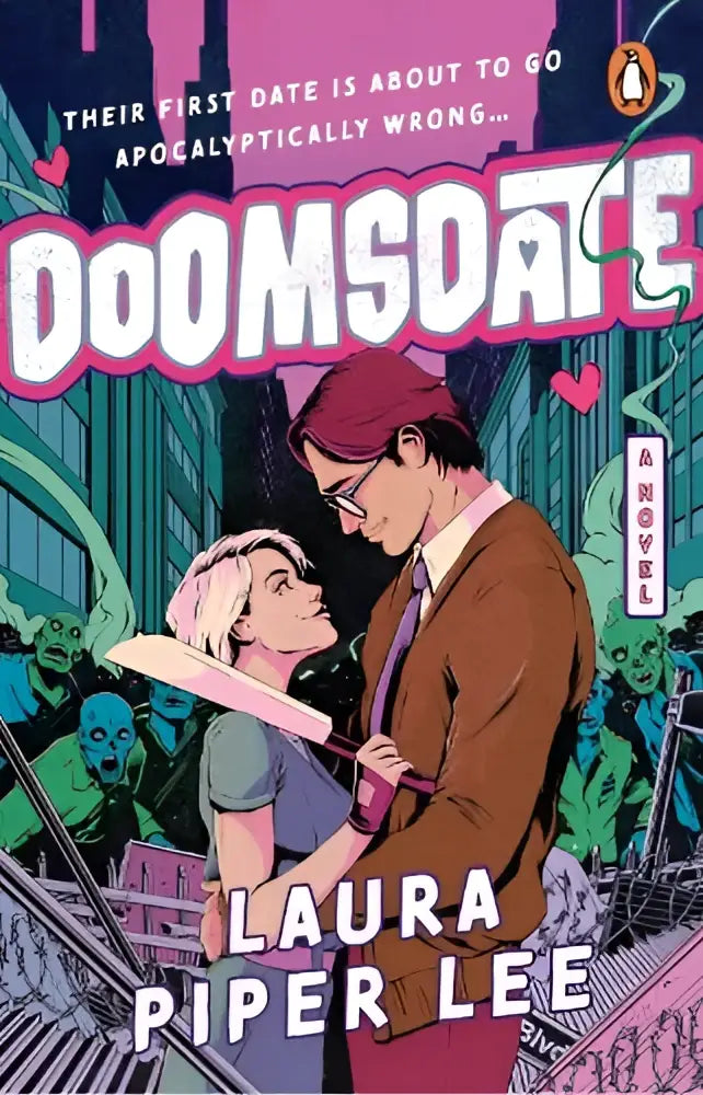 De boekcover van doomsdate door transworld publishers ltd toont een levendige comicstijl illustratie in een apocalyptische setting