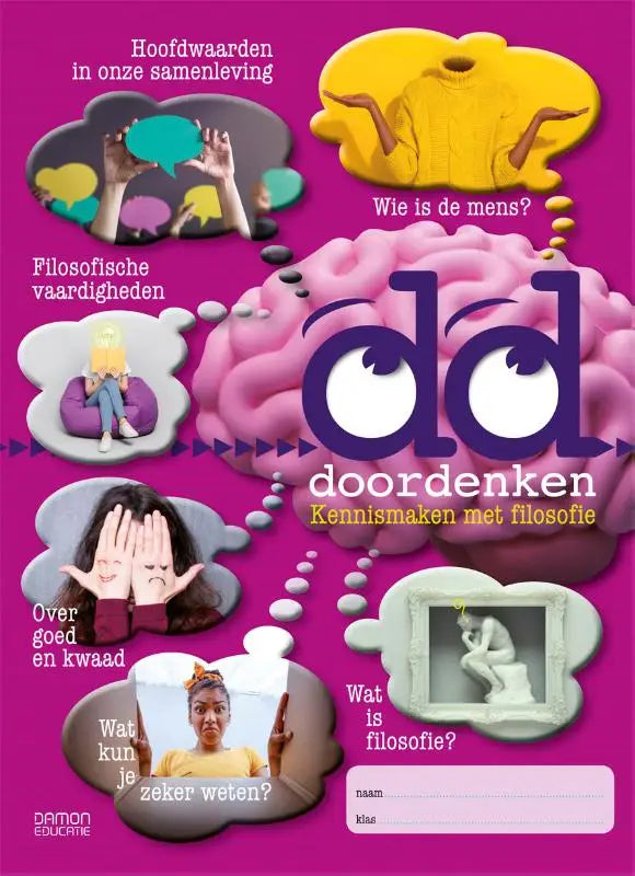 Logo van een roze hersenen met witte ogen en paarse tekst dd doordinken bij product doordenken kennismaken met filosofie