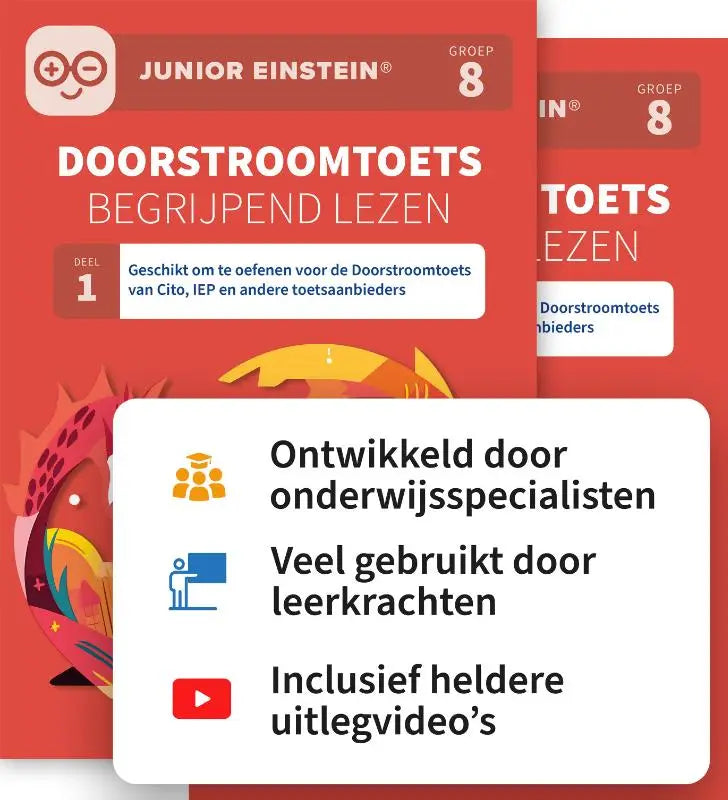 Rood junior einstein group 8 workbook cover met levendige illustraties en witte tekstvakken over doorstroomtoets begrijpend lezen