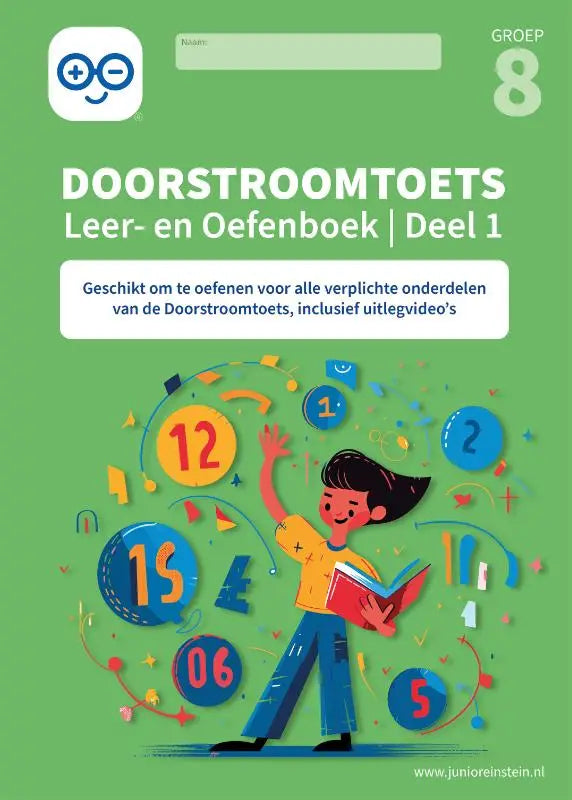 Green-covered workbook doorstroomtoets leer- en oefenboek deel 1 for group 8 featuring cartoon child holding red book and numbered circles geschikt voor oefenen verplichte onderdelen