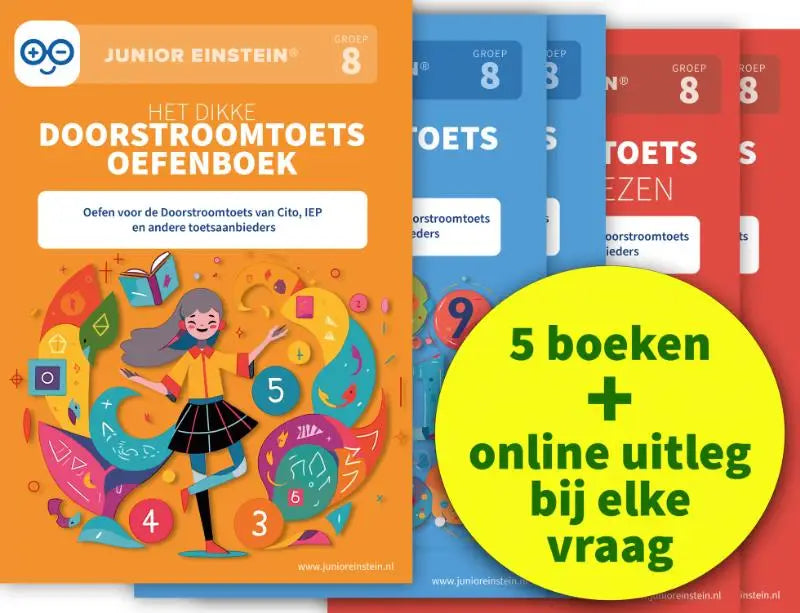 Oranje junior einstein werkboek groep 8 met cartoonmeisje en educatieve iconen uit doorstroomtoets oefenpakket compleet