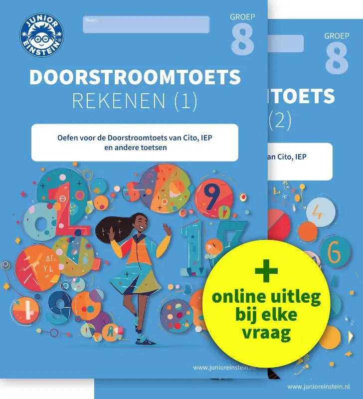 Blauw junior einstein werkboek cover voor groep 8 met kleurrijke cijfers en cartoon meisje voor doorstroomtoets rekenen en andere toetsen