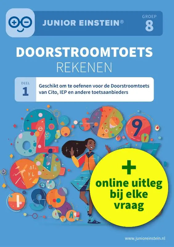 Junior einstein groep 8 rekenschrift met cartoonkind en kleurrijke cijfers voor doorstroomtoets rekenen en andere toetsen