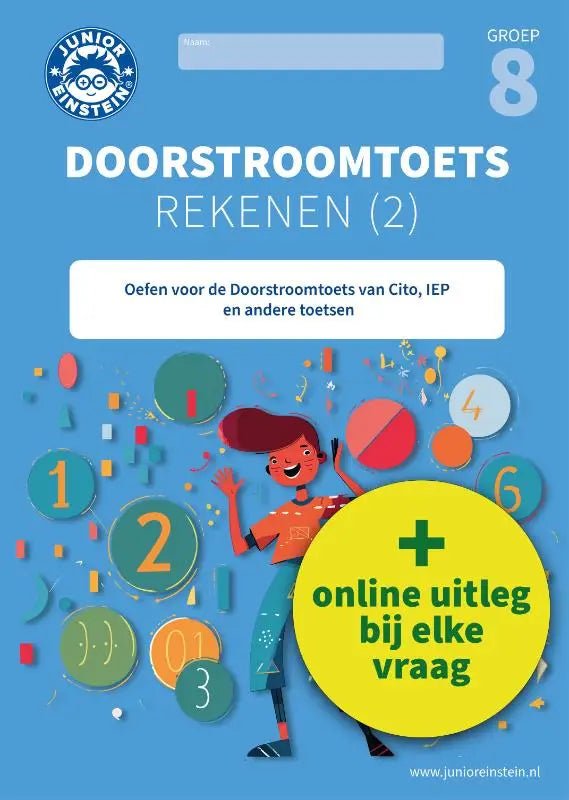 Blauw oefenwerkboek doorstroomtoets rekenen groep 8 met cartoon kind en kleurrijke cijfers voor andere toetsen