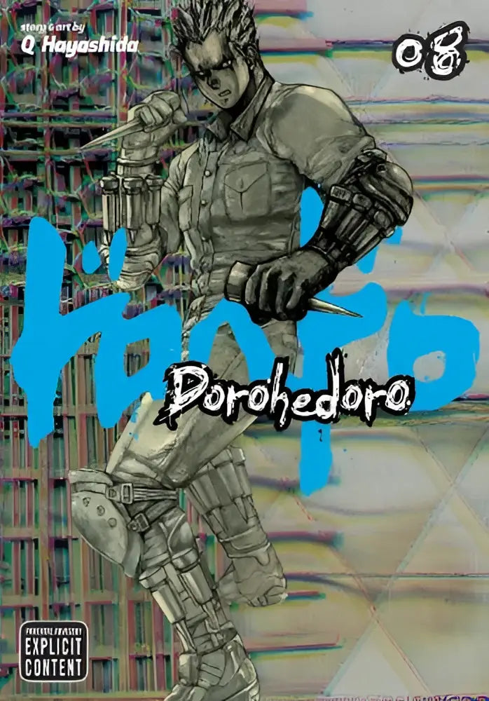 Illustratie in zwart-wit lijntekening van een grijze gepantserde krijger met stekelig haar en zwaard uit dorohedoro, vol 8