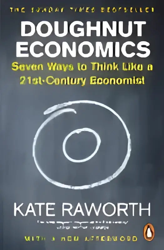 Het boek doughnut economics heeft een minimalistisch zwart-wit omslag met de titel in hoofdletters bovenaan