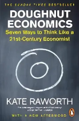 Het boek doughnut economics heeft een minimalistisch zwart-wit omslag met de titel in hoofdletters bovenaan
