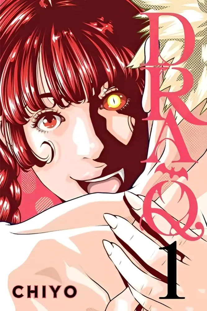 De cover van het manga Dra-Q volume 1 toont een personage met felrood haar en een gloeiend gouden oog tegen een zachte roze achtergrond