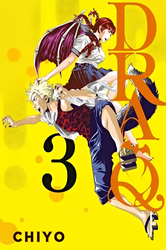 De manga dra-q 3 heeft een levendige gele cover met dynamische animepersonages en opvallende oranje en zwarte typografie
