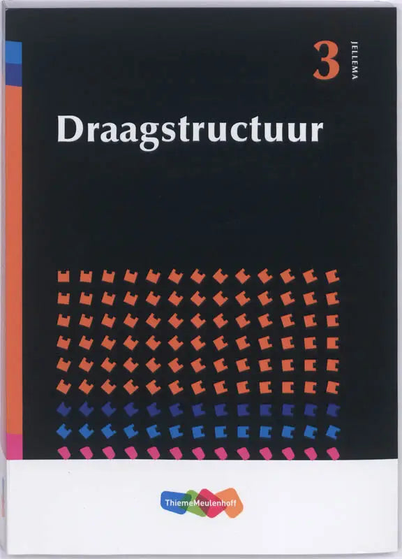 Zwarte educatieve uitgave draagstructuur met oranje en blauwe geometrische patronen op de omslag