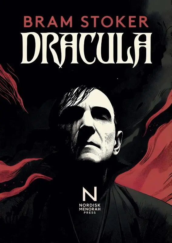 Cover van bram stokers dracula comicboek met een gestileerde zwart-wit illustratie en rode accenten klassieke gotische roman