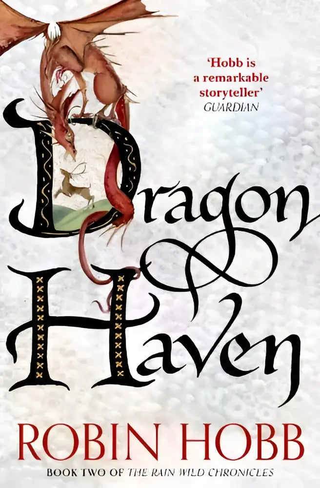Boekcover van dragon haven door robin hobb met een sierlijke zwarte en rode drakenillustratie