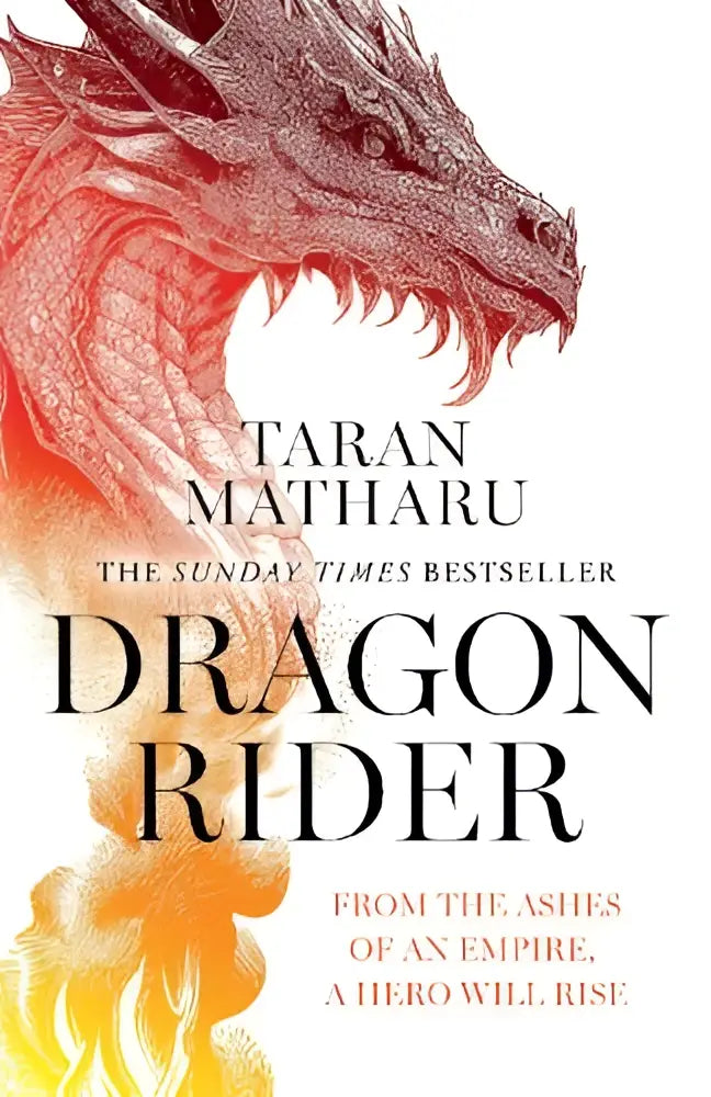 De cover van dragon rider toont een gedetailleerde vurige rode draakillustratie met fijn lijnwerk op witte achtergrond