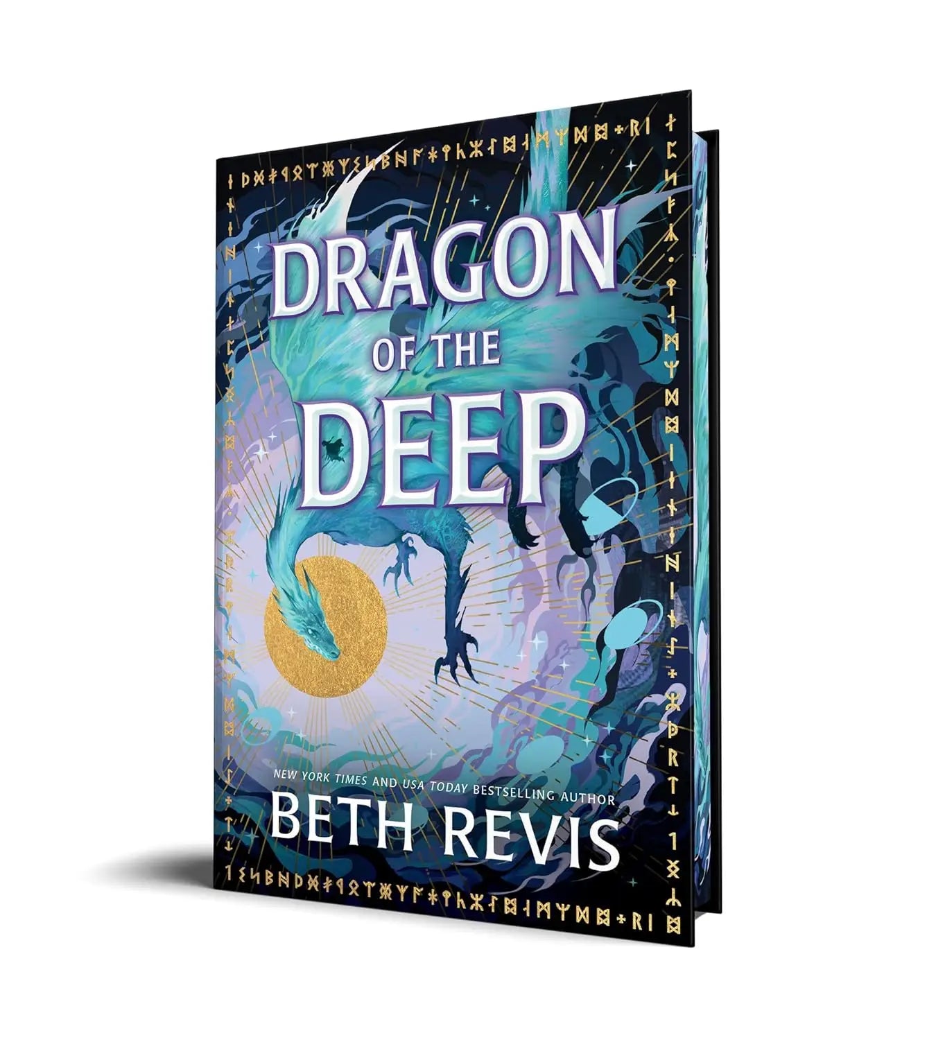 Deluxe hardback van dragon of the deep door beth revis met een levendige tekening van een blauwe en groene draak