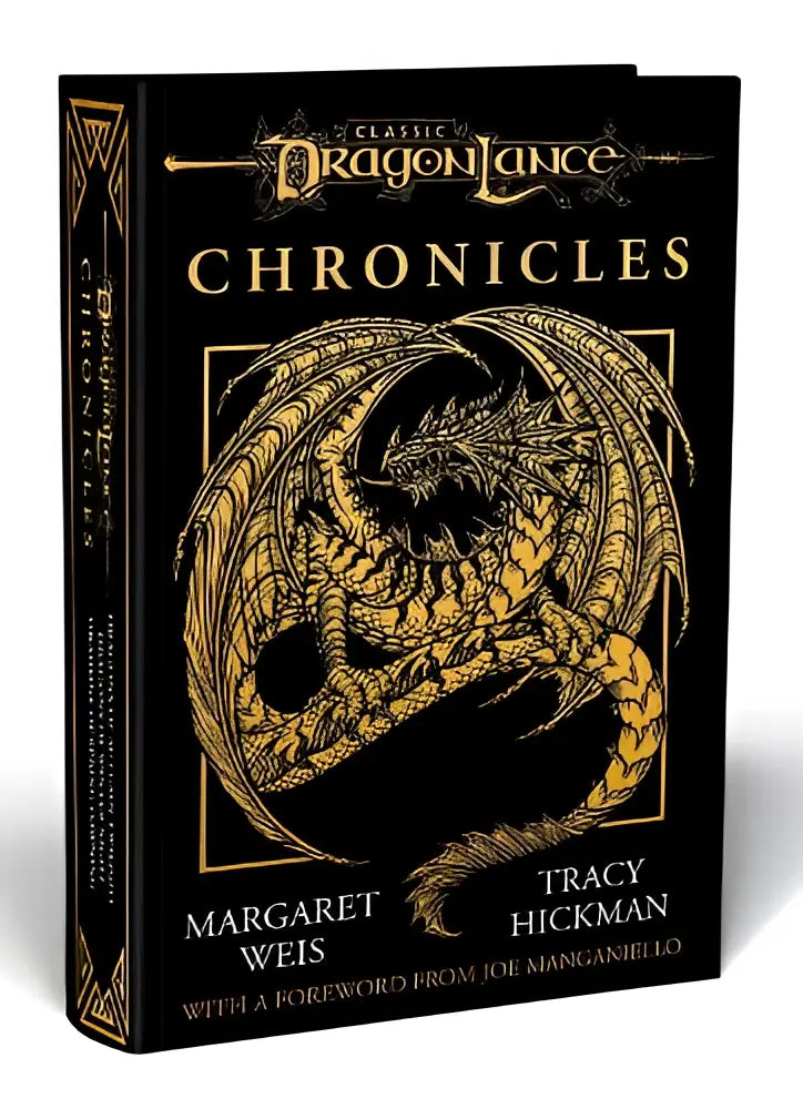 Zwart hardcover boek dragonlance chronicles met goudkleurige dragon illustratie voor autumn twilight en spring dawning