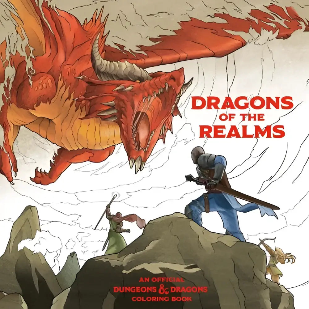 Illustratie van een rode en oranje draak op de voorkant van dragons of the realms officiële dungeons & dragons dragons coloring book