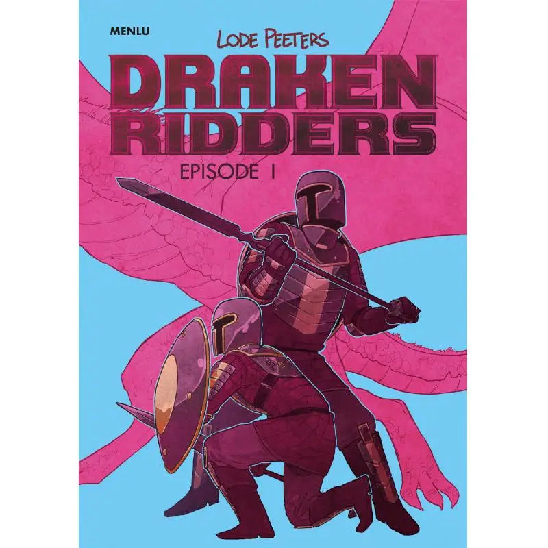 Drakenridders comicboek omslag met twee ridders in donkerrode en kastanjebruine harnassen tegen een roze draakvleugel achtergrond