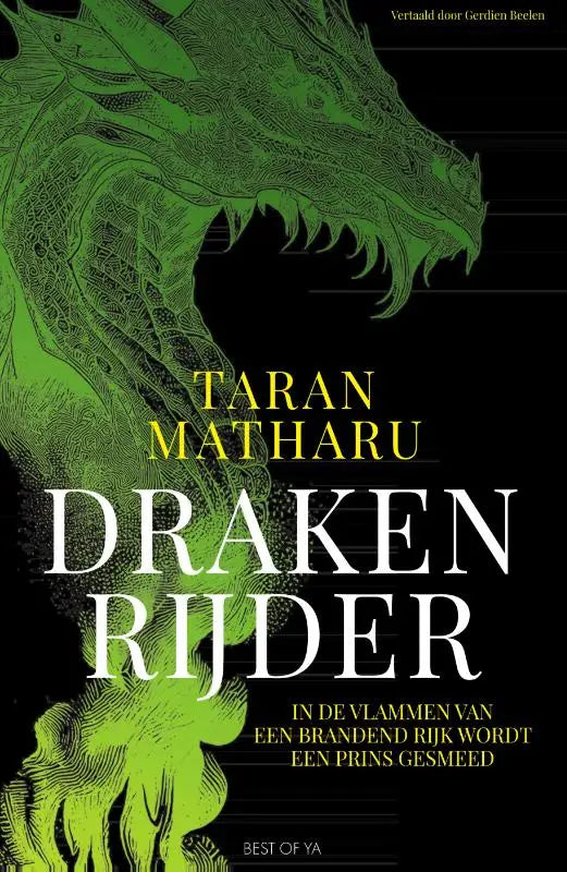 Een groene draak illustreert de zwarte omslag van taran matharu’s boek drakenrijder voor jonge lezers