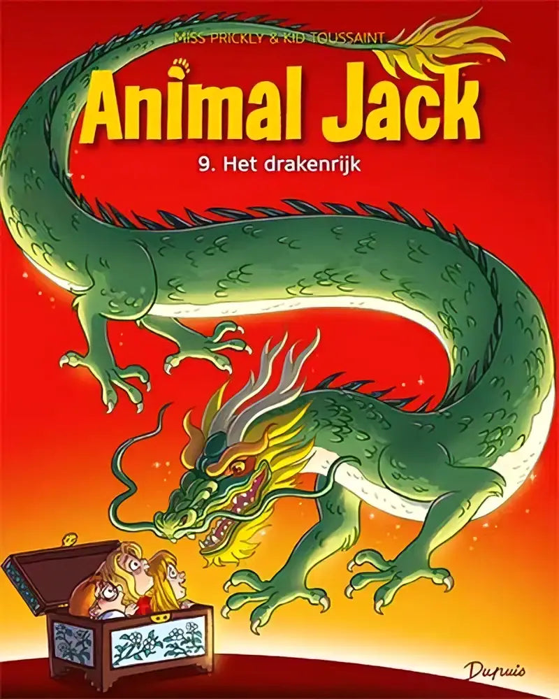 Illustratie van een groene draak met gele en witte accenten op de kinderboekcover van het drakenrijk voor strips algemeen