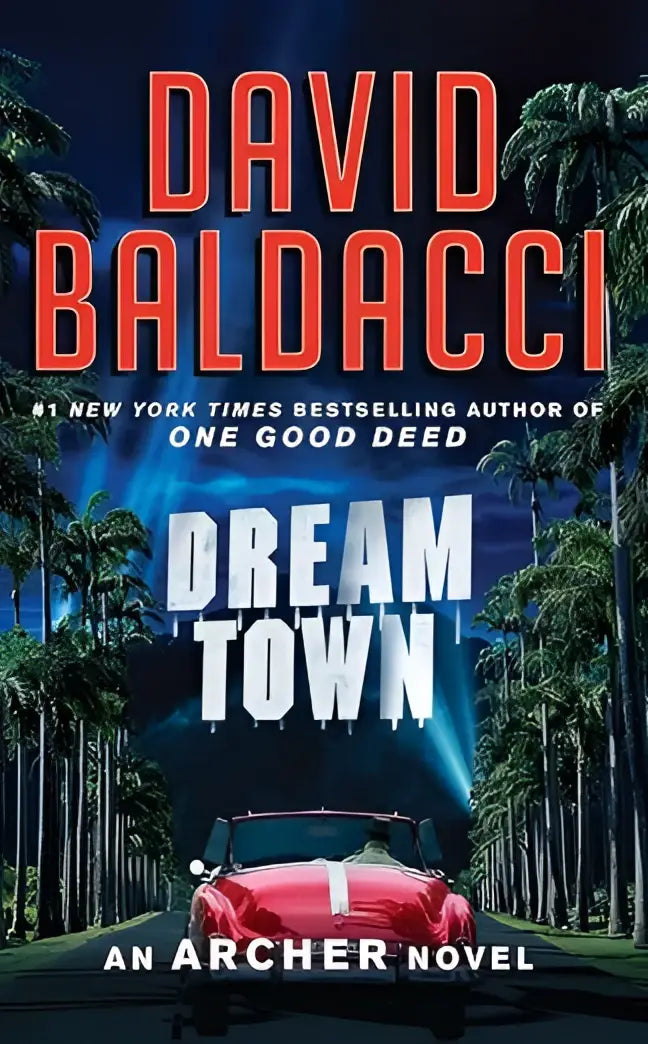 Rood convertible autoboek met witte streep rijdend onder dramatisch blauw licht langs palmboomweg dream town large print