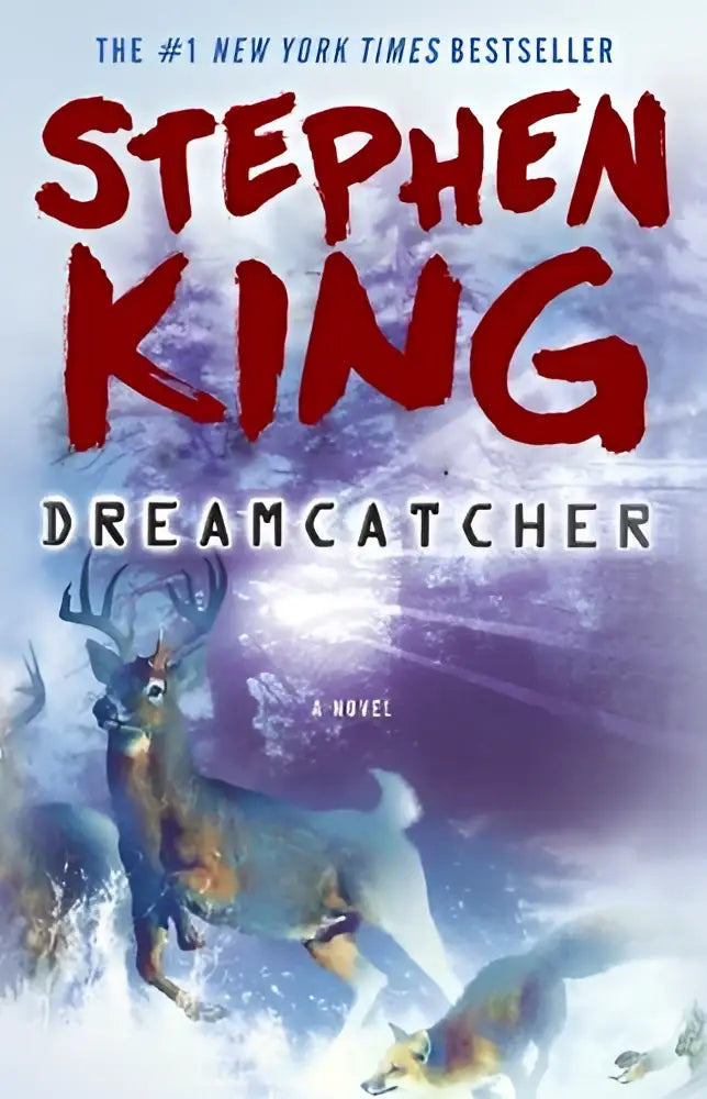 De cover van stephen kings roman dreamcatcher toont een gestileerde hert met hoornen en gloeiende ogen op paarse achtergrond