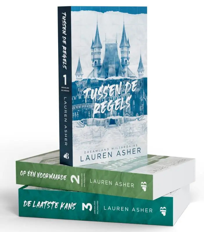 Blauw-wit geïllustreerd boek met kasteelontwerp tussen de regels door lauren asher in dreamland miljardairs set