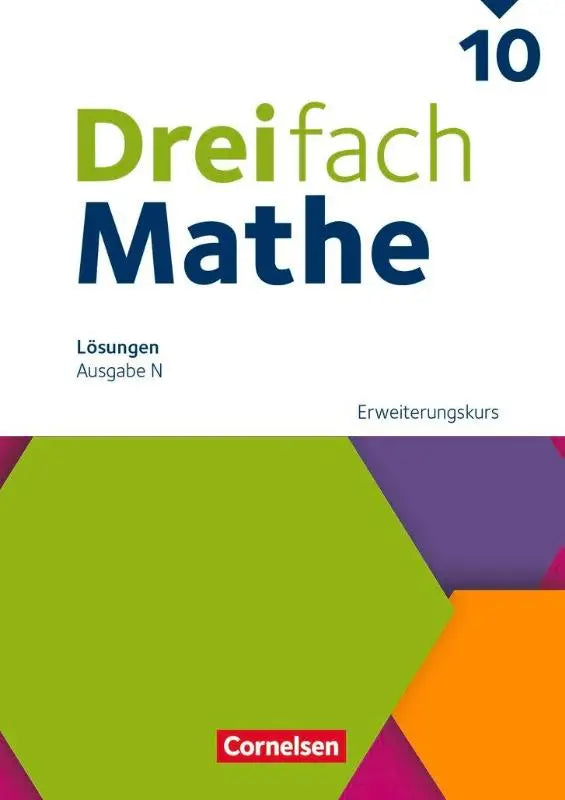 De cover van het dreifach mathe 10 oplossingen boek door cornelsen met kleurrijk geometrisch design en hexagonen, zum schulbuch