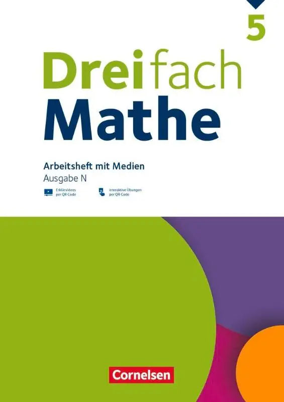 Cover van het dreifach mathe 5 arbeitsheft mit medien door cornelsen met groene en blauwe tekst en kleurrijke vormen