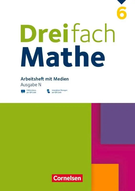 Cover van het dreifach mathe 6 arbeitsheft met medien door cornelsen met groene en blauwe tekst en kleurrijke blokken