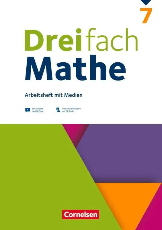 De cover van het arbeitsheft dreifach mathe 7 met medien toont heldere groene en blauwe tekst op kleurrijk geometrisch ontwerp