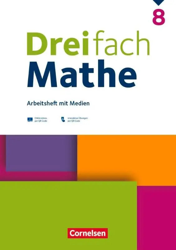 Cover van het dreifach mathe 8 arbeitsheft met und interaktiven oefeningen en kleurrijk geometrisch ontwerp