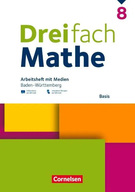 De cover van het dreifach mathe 8 werkboek van cornelsen met heldere groene en blauwe tekst en kleurrijke geometrische blokken, mit medien und interaktiven oefeningen