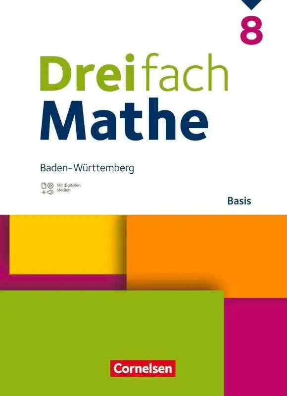 Cover van het dreifach mathe 8 basis schoolboek voor baden-württemberg met kleurrijke blokken en digitalen hilfen
