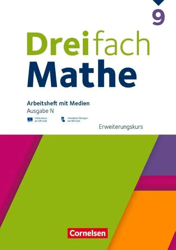 Cover of dreifach mathe 9 arbeitsheft mit medien featuring bold green and blue text with vibrant geometric stripes
