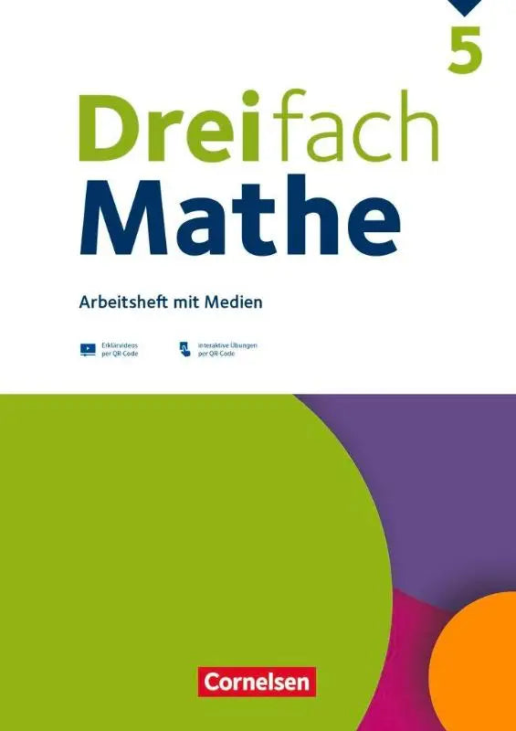 Groen en paars geometrisch ontwerp cover voor dreifach mathe werkboek met medien und oplossingen voor 5e leerjaar