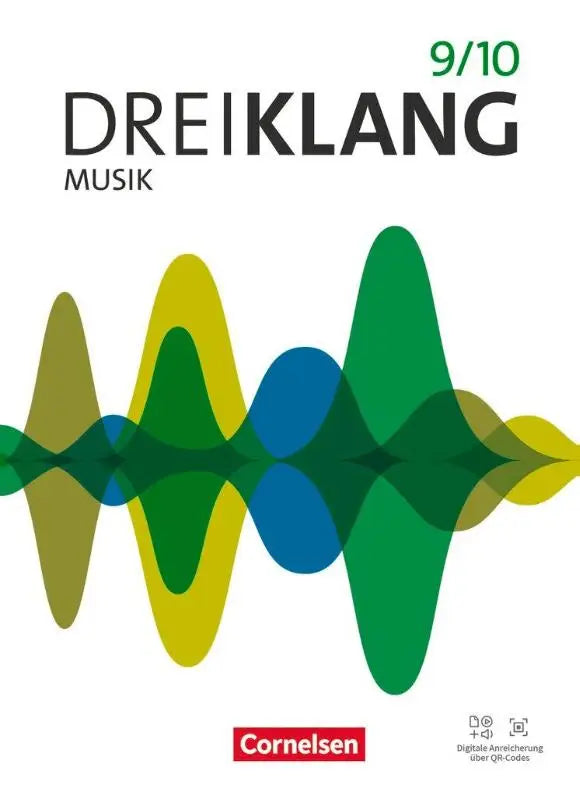 De cover van het dreiklang band 9/10 allgemeine ausgabe schulbuch mit digitalen media toont een kleurrijke geluidsgolf in groen, geel en blauw