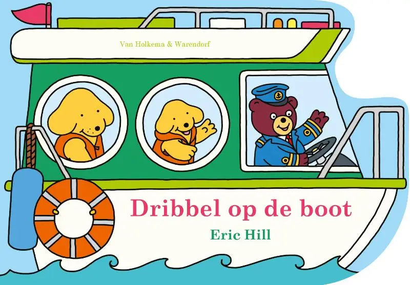 Groene en witte boot met cartoon honden in oranje reddingsvesten en een beer kapitein die zwaait voor jonge lezers