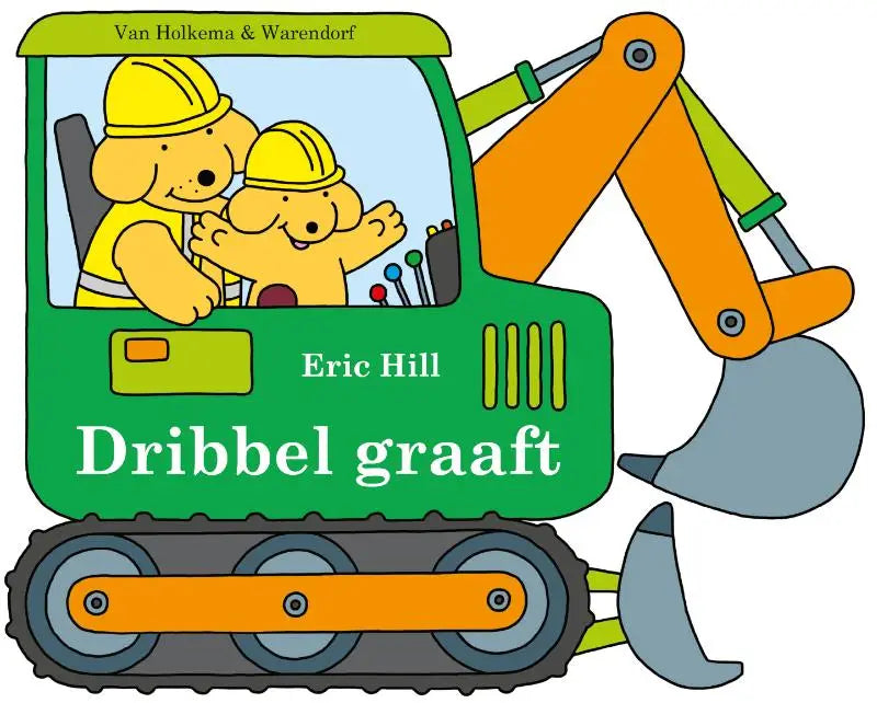 Groene graafmachine dribbel graaft met oranje arm en rupsbanden, twee cartoonhonden in gele bouwhelmen voor jonge lezers