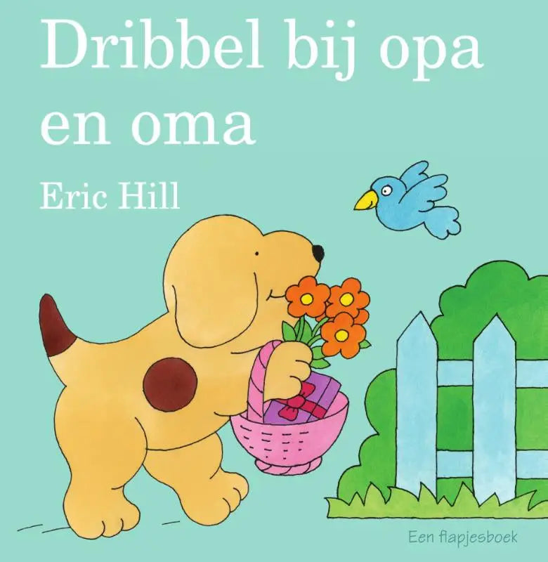 Een gele puppy met bruine vlekken houdt een roze gevlochten mand met oranje bloemen in dribbel bij opa en oma van eric hill