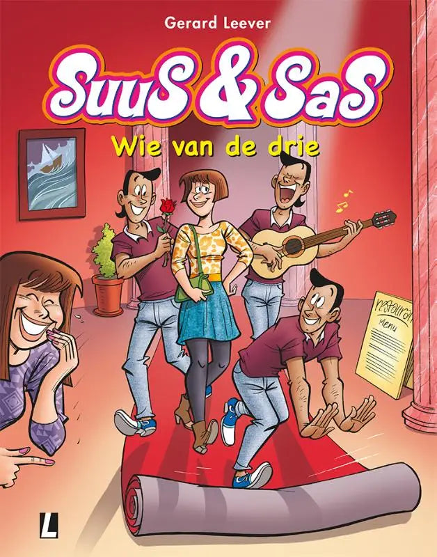 Vibrante rode cover van het stripboek suus & sas wie van de drie door gerard leever met levendige binnenafbeelding voor algemeen publiek
