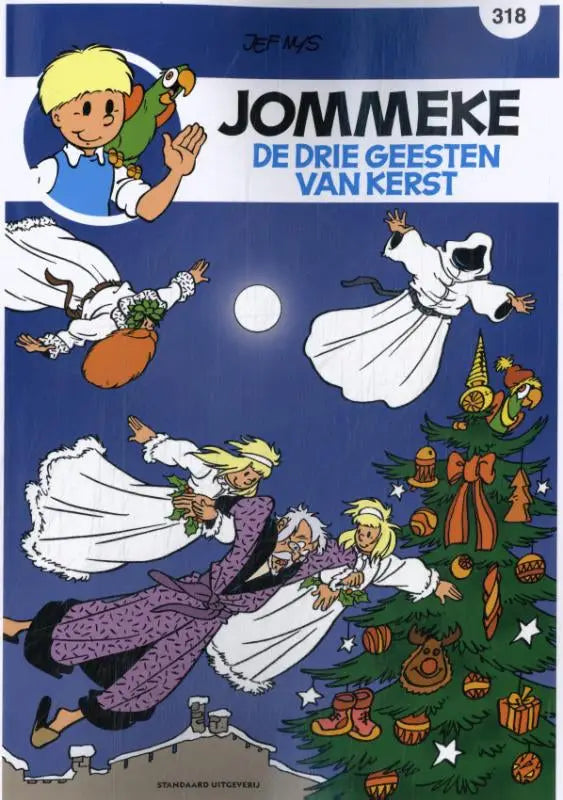 Blauwe en witte illustratie van stripalbum de drie geesten van kerst met jommeke, papegaai en vliegende figuren