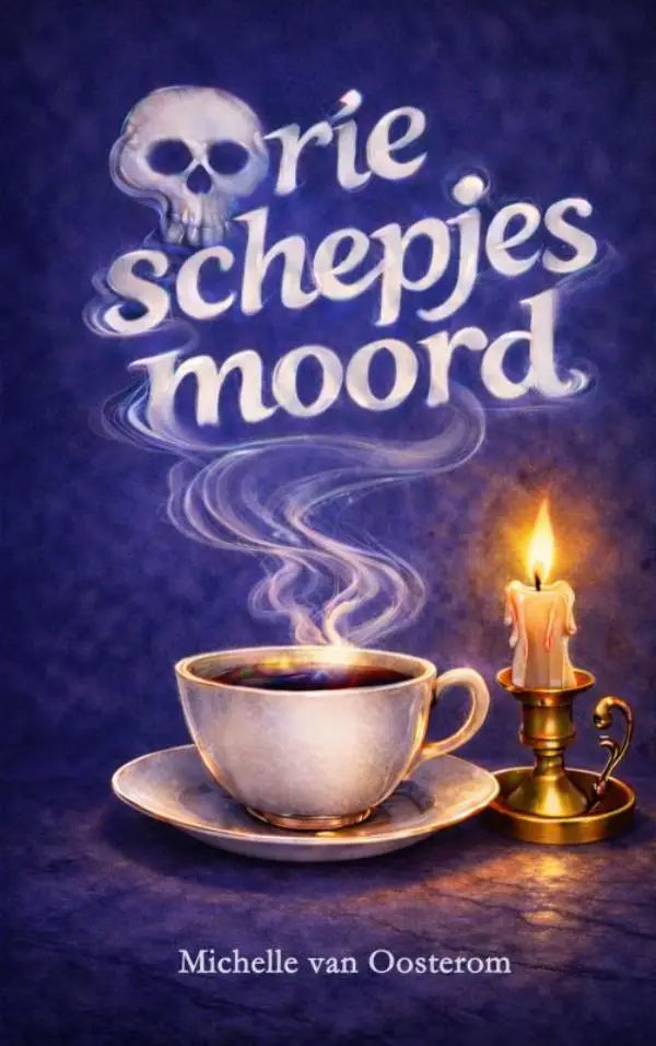 Witte keramische koffiekop met gouden rand op bijpassend schoteltje voor drie schepjes moord themaavond