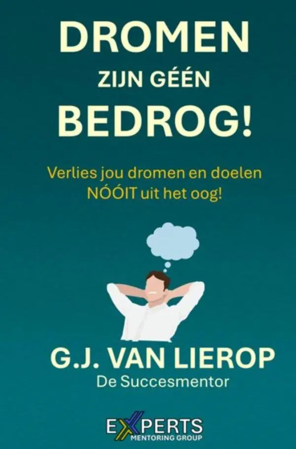 Boekcover met de titel dromen zijn géén bedrog in wit en geel op teal achtergrond met mannelijke illustratie
