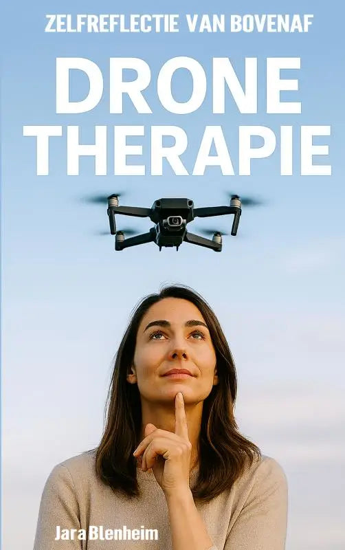 Zwart quadcopter drone met vier rotoren en centrale camera die boven de vrouw zweeft voor zelfreflectie bovenaf